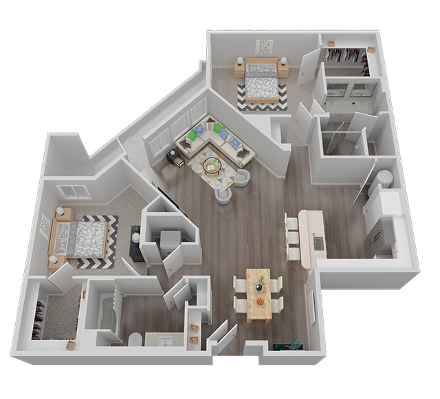 Floor plan for 2 beds, 2 baths, 1340 sqft